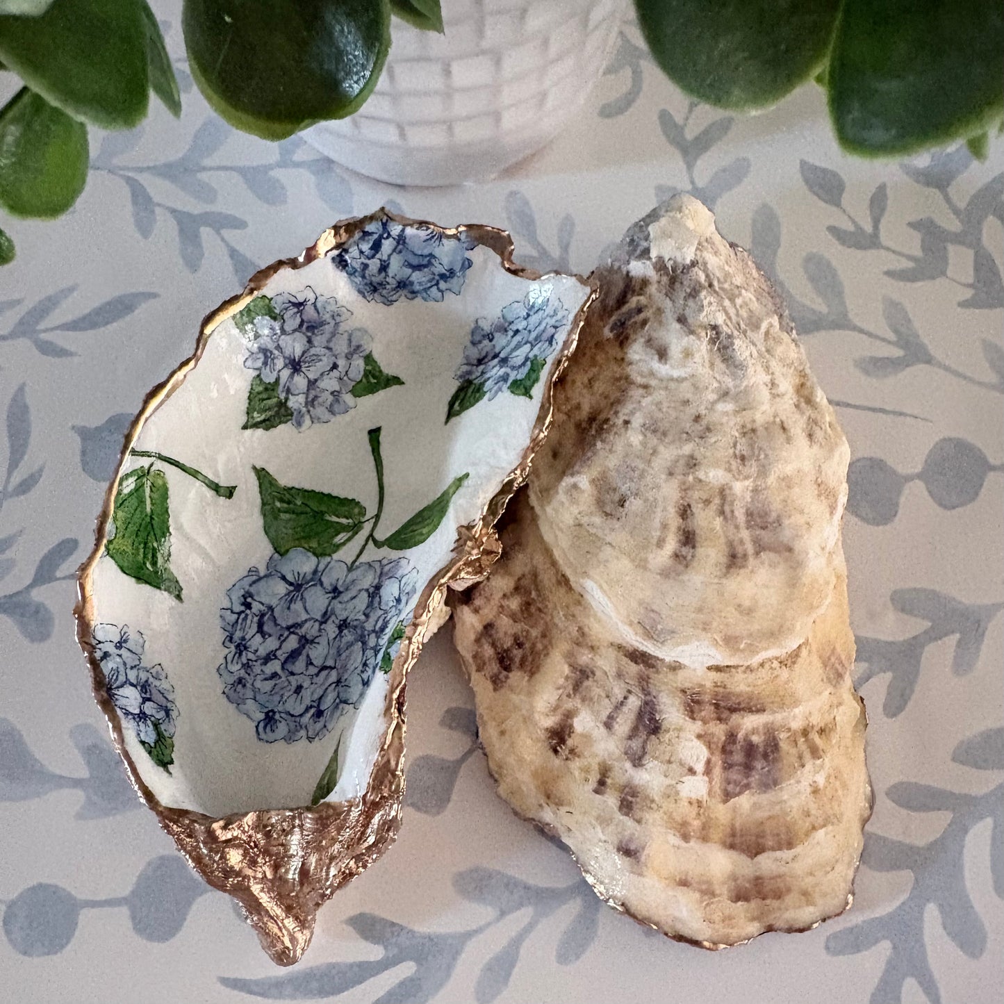 Hydrangea Découpage Oyster Shell Trinket Dish