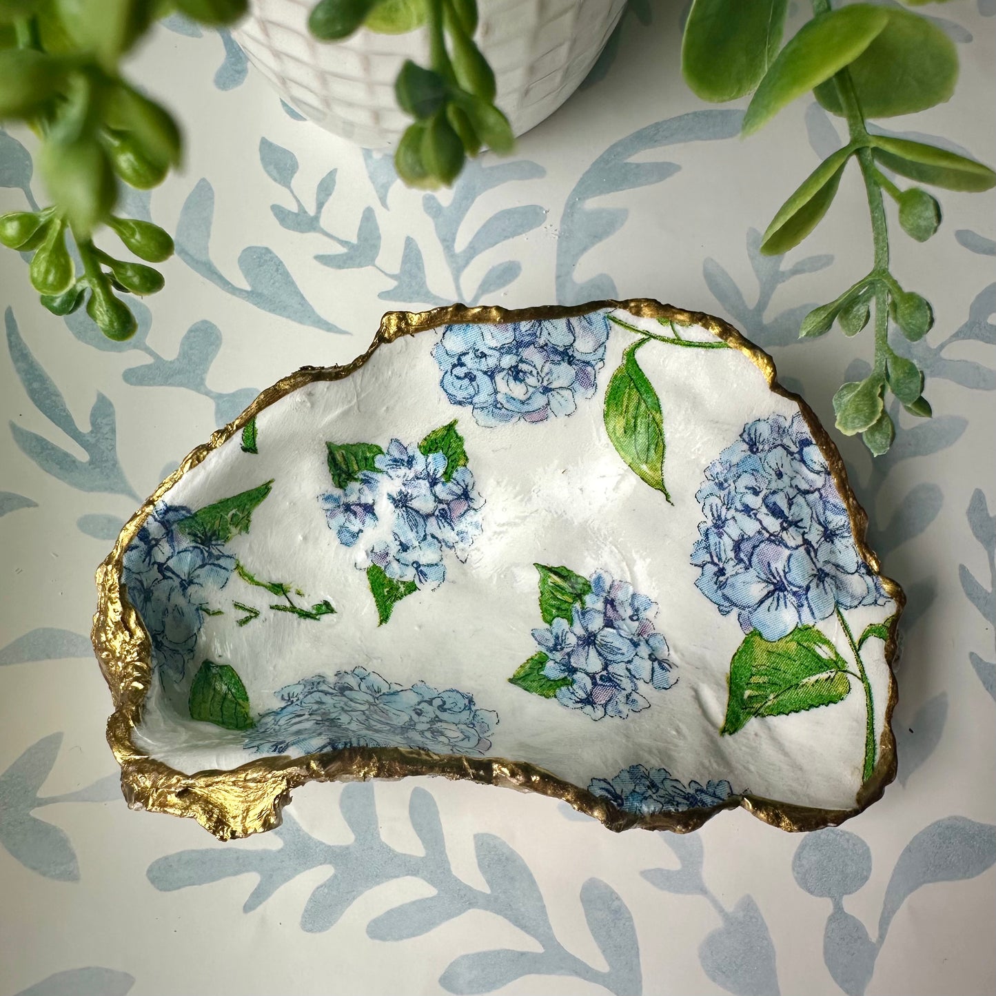 Hydrangea Découpage Oyster Shell Trinket Dish