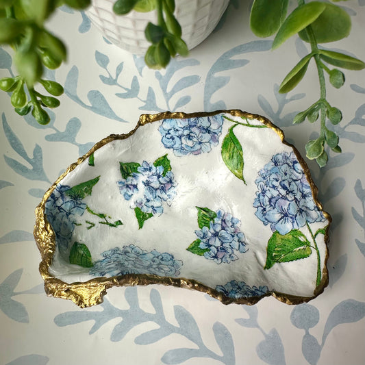 Hydrangea Découpage Oyster Shell Trinket Dish