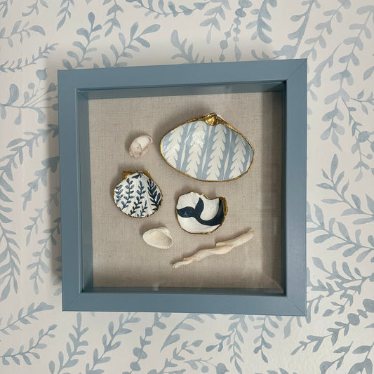 Shadowbox Framed Shell Art - 9x9 Wood Frame: Coastal Blues