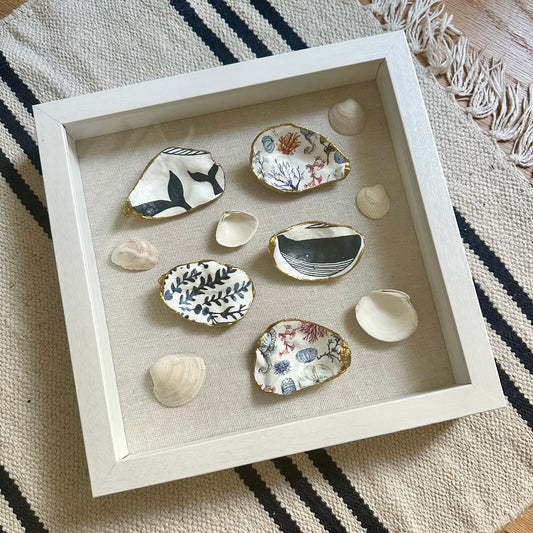 Shadowbox Framed Shell Art - 10x10 Wood Frame: Seascape I