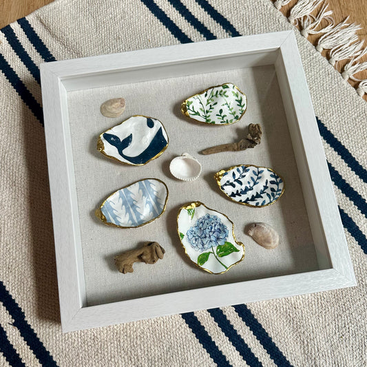 Shadowbox Framed Shell Art - 10x10 Wood Frame: New England Summer II